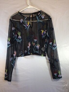 Forever 21 Sheer Embroidered Mesh Crop Top Small Whimsigoth Floral Bird Romantic